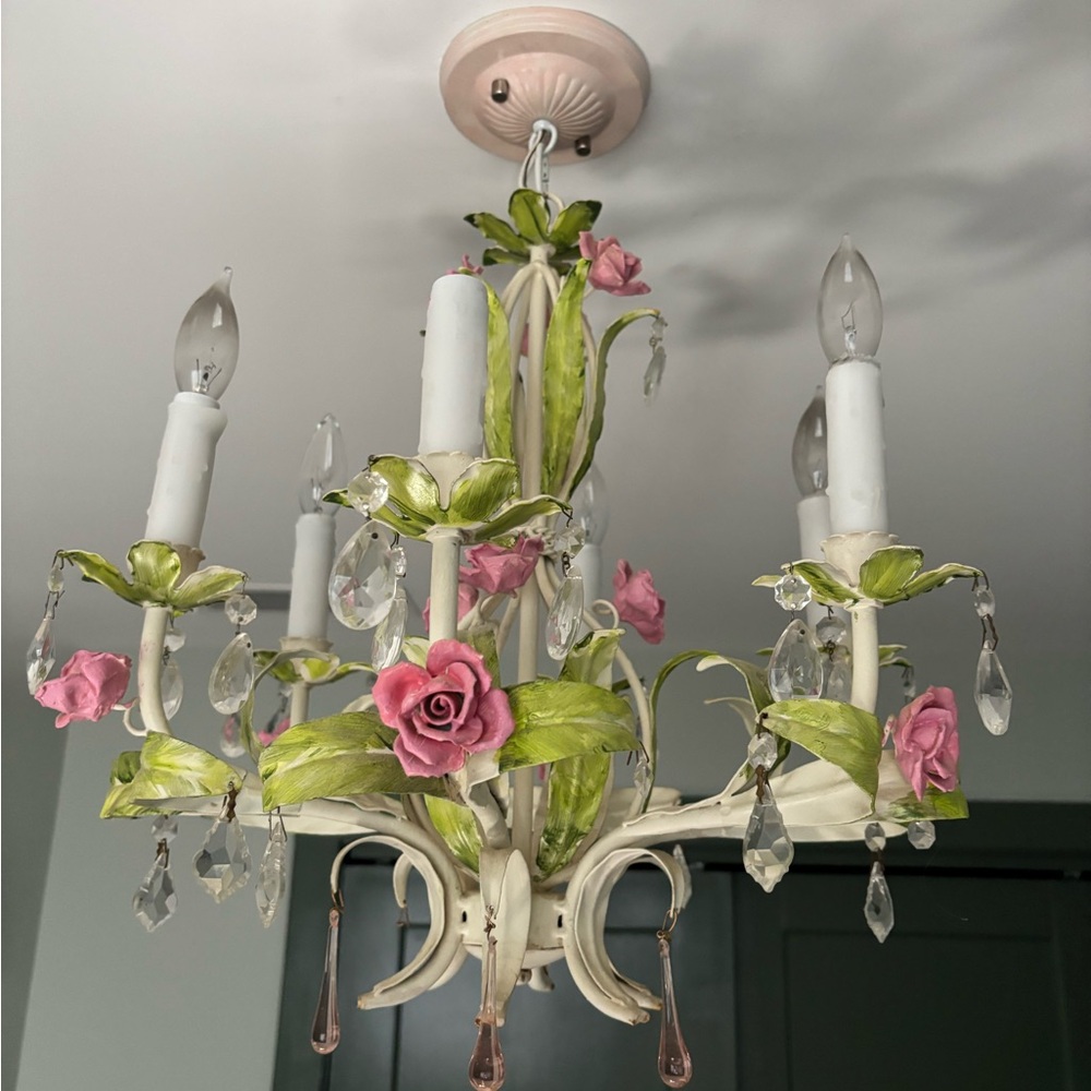 Vintage Pink Rose and Crystals Floral Chandelier